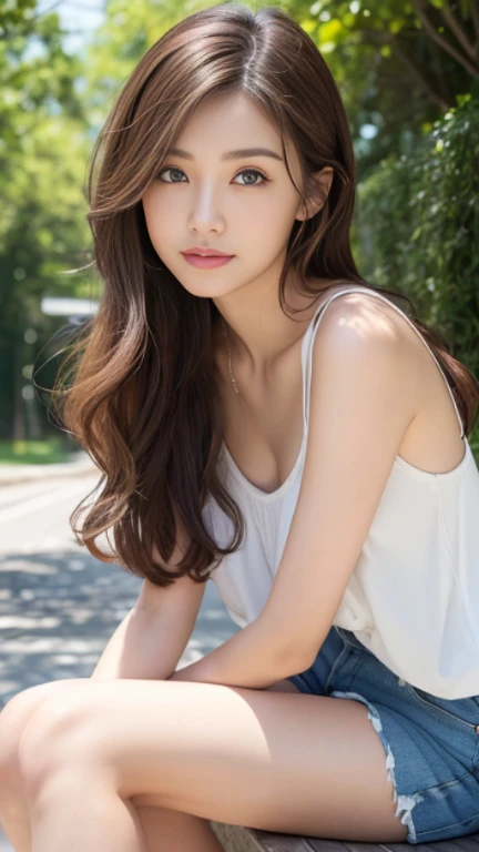 highest quality,masterpiece,超A high resolution,RAW Photos,woman,Loose permed hair、length、brown hair、Japanese、Loose permed hair、ミディアムショートのlength、brown hair、smile、Professional photography、Same skin type as humans、46 years old、Cute Wife、(No makeup:1.2)、(No makeup:1.2),成熟したwoman、adult sex appeal、大人のキュートなwoman、eyes are a little narrow、Cute eyes、Droopy eyes、Anatomical accuracy、Very detailed and beautiful、Ultra HD、length、her hair is tied、A transparent married woman、housewife、Thin upper lip、The lower lip is a little thick、Shoulder-length hair、Sleeveless、Shorts、Casual clothing、White sleeveless、C cup bust、Small Ass、outside、(車を洗うキュートなwoman:1.6)、Brown sandals、sunlight