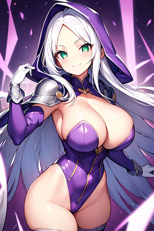 1girl, white hair, purple cape, purple hood, hood up, leotard, long hair, breasts, large breasts, hourglass figure, thick thighs, wide hips, smile, green eyes, purple leotard, thighhighs, purple thighhighs, mature female, cleavage cutout, cleavage, ((shoulder pads)), shoulder pads, shoulder armor, gloves, forehead, ((forehead))