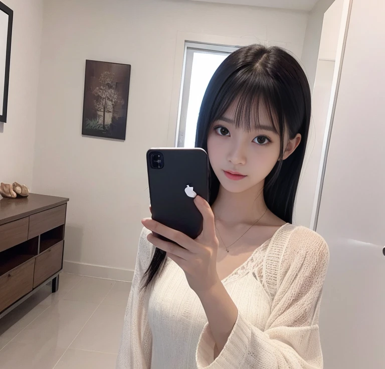 debris flies、highest quality、super fine、Understood、High resolution、8k wallpaper、perfect dynamic composition、(((Full body Esbian)))、((from below))、20 year old cute girl、detailed beautiful face、delicate and cute eyes、fine-textured skin、My cheeks turned red、(straight black hair)、take a selfie with your mobile phone、room、white background、White Room、take a selfie with your mobile phone、small　bust、slender、Wearing a camisole