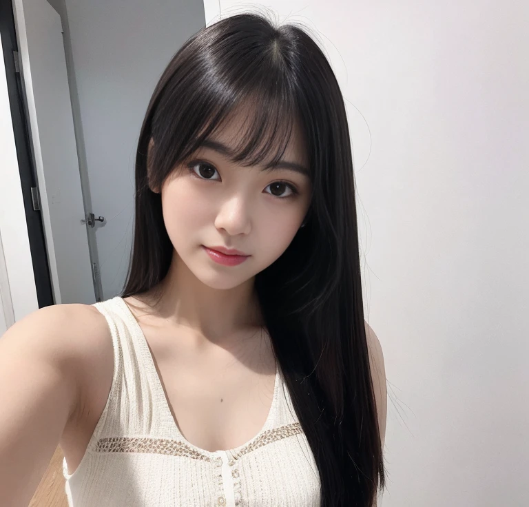debris flies、highest quality、super fine、Understood、High resolution、8k wallpaper、perfect dynamic composition、(((Full body Esbian)))、((from below))、20 year old cute girl、detailed beautiful face、delicate and cute eyes、fine-textured skin、My cheeks turned red、(straight black hair)、take a selfie with your mobile phone、room、white background、White Room、take a selfie with your mobile phone、small bust、slender、Wearing a camisole