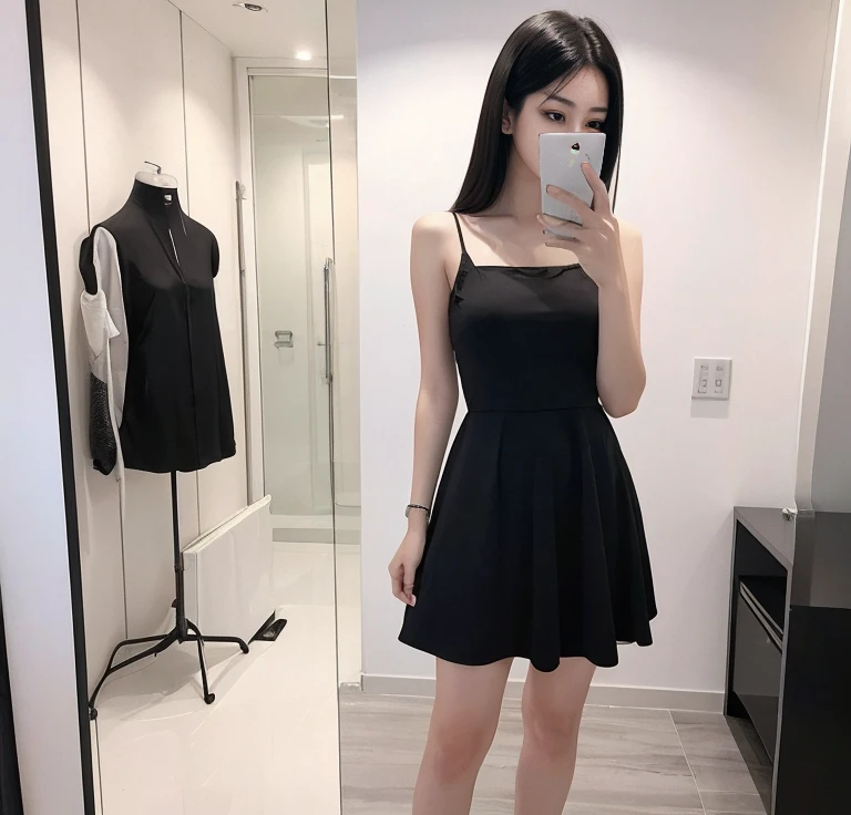 debris flies、highest quality、super fine、Understood、High resolution、8k wallpaper、perfect dynamic composition、(((Full body Esbian)))、((from below))、20 year old cute girl、detailed beautiful face、delicate and cute eyes、fine-textured skin、My cheeks turned red、(straight black hair)、take a selfie with your mobile phone、room、white background、White Room、take a selfie with your mobile phone、small　bust、slender、Wearing a camisole