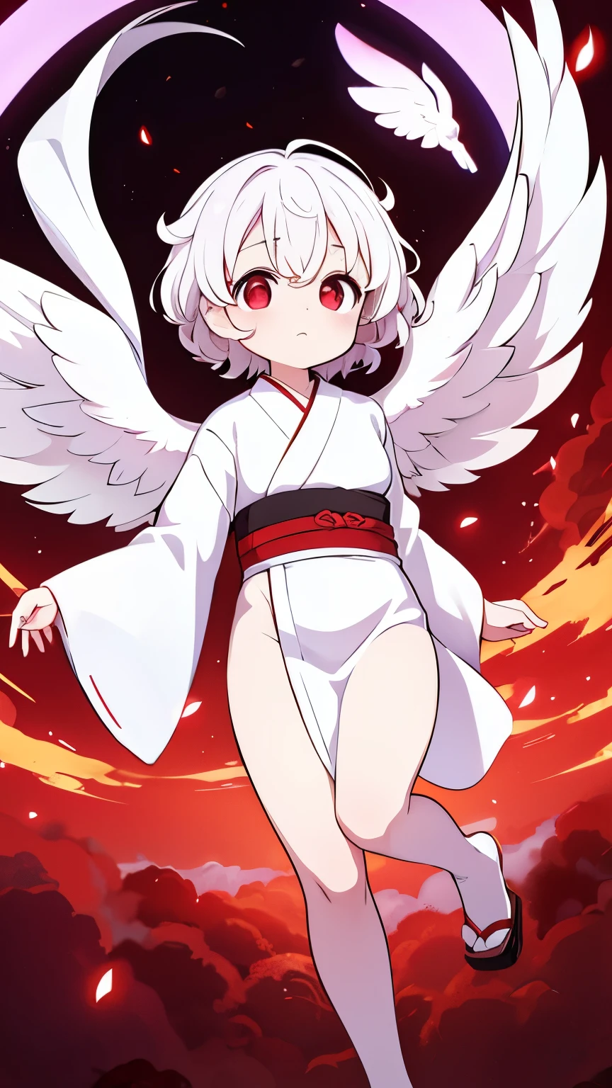 Age unknown,Unknown gender,White curly short hair,Red eyes,white kimono,God,Floating in the air