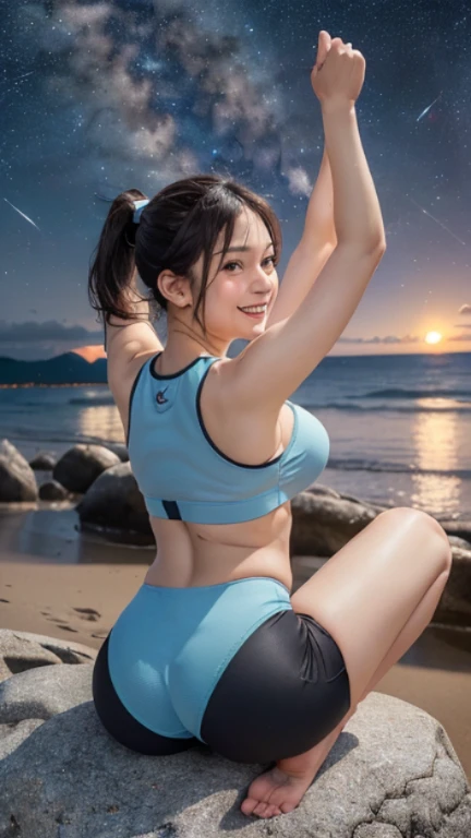 Tabletop, (highest quality), (23 years old,Very detailed), finely, (High resolution), (8k), ((Perfect rear view composition)), Natural color lip,(ponytail:1.3),((A girl sits with her legs spread apart on a rock)),(sitting barefoot on the sand:1.3),,((Fitness Shorts Light Blue)),((whole body:1.3),,((shrapnel:1.3)),((Perfect rear view:1.3)),((The magnificent Milky Way floating in the night sky)),((Pose with your arms raised above your head)),(Look back and laugh, Please show me your white teeth),((Thigh ribbon)),((Big Ass)),((Ample breasts)),(Full and firm breasts),(Small Pareo),