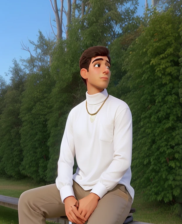 il y a un homme assis sur un banc dans le parc, en chemise à col roulé blanche, in front of a forest, inspiré par Lewis Henry Meakin, photo de profil 1024px, very very poor quality image, beautiful lighting of the'afternoon, inspiré de Louis Hersent, wear a turtleneck, Riyahd Cassiem, le fond est paradisiaque, relaxed pose