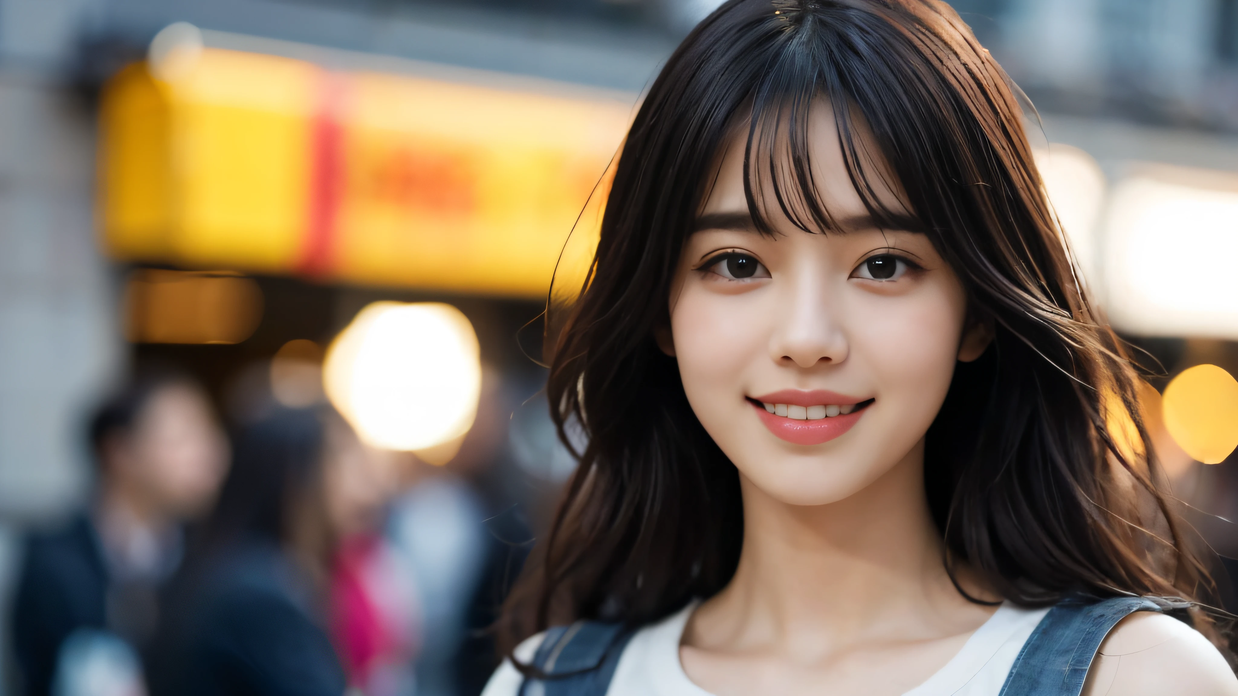 (Realistic: 1.4), (highest quality: 1.4), (Fine grain), Full body shot, ((Blur the background)), ((Watching the audience)), ((1 female college student)), Black wavy hair, ((Plain clothes with little exposure)), Wide eyes, Blushed face, ((smile)), ((Shinjuku)), Highly detailed face and skin texture, Healthy Skin, 8k resolution