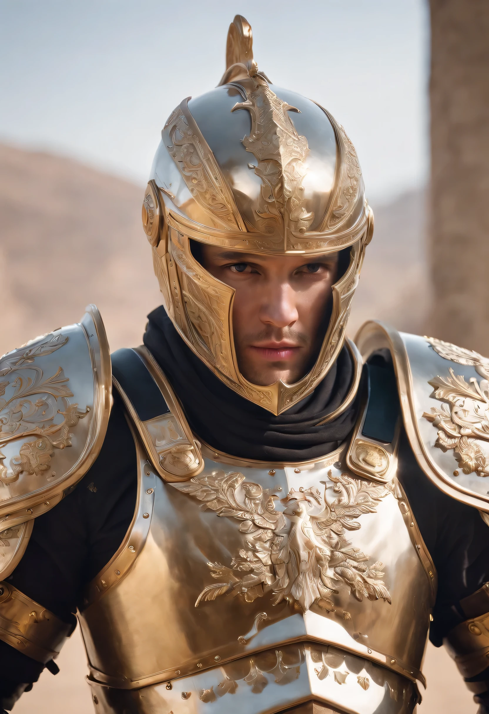 A photorealistic depiction of a (male) formidable warrior adorned in a gleaming suit of white and gold metal armor that exudes strength and opulence. The armor is immaculately polished, with a glossy finish that reflects the surroundings in remarkable detail. Every crease and contour of the armor is visible, showcasing the craftsmanship that went into its creation. The warrior stands with an air of confidence, ready for battle. The camera lens is a 135mm+, capturing the extraordinary level of detail in stunning K UHD resolution. The lighting is expertly controlled to emphasize the reflective qualities of the armor, creating a mesmerizing and lifelike image, (((masterpiece))), (high res), (photo realistic:1.4), (cinematic)