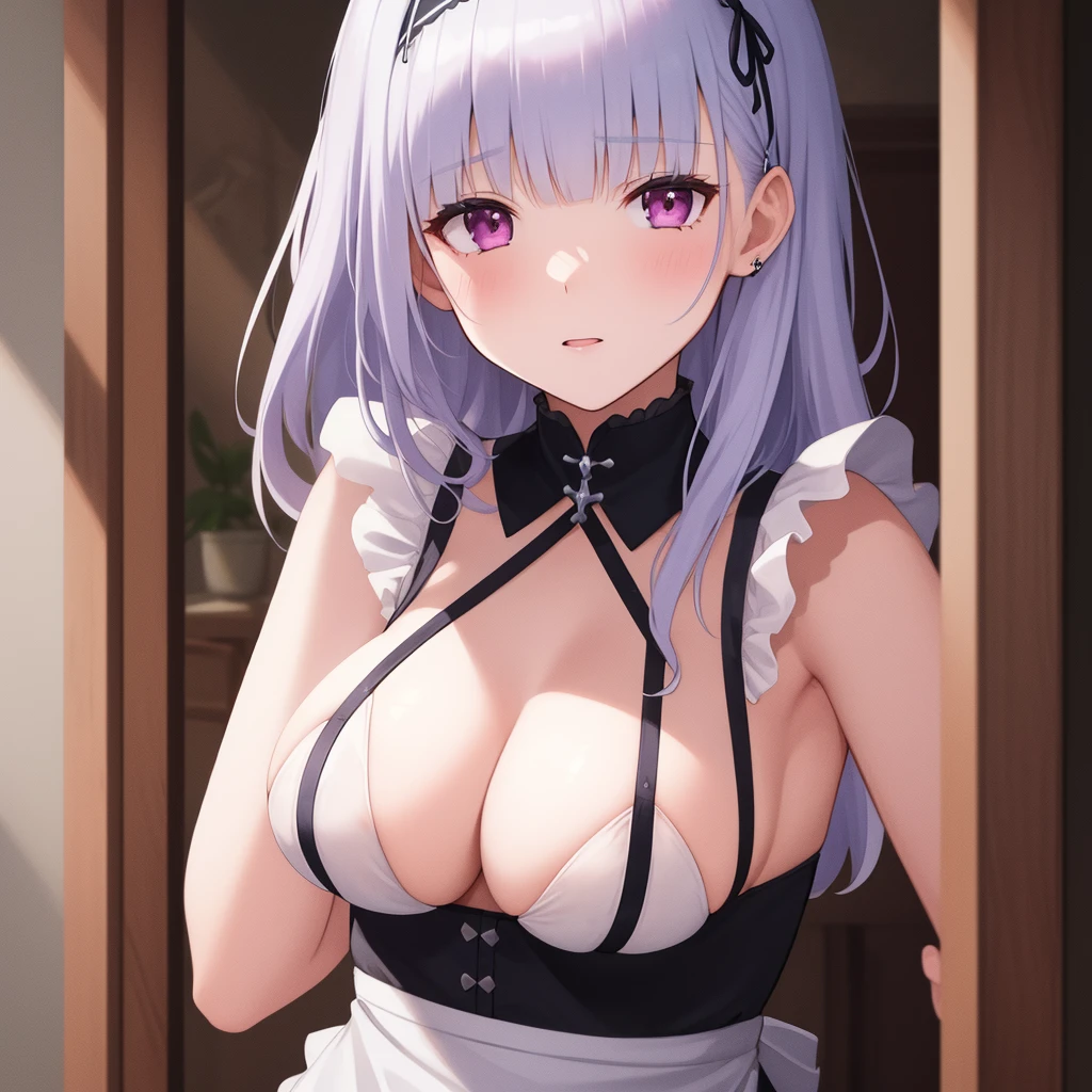 (masterpiece, best quality:1.2),illustration,8k,hd,1girl,solo,upper body,(portrait:1.2),large_breasts,long_hair,hairband,bangs,purple_eyes,black_hairband,sleeveless,underboob,grey_hair,maid,white_apron,waist_apron,jewelry,white_hair,pink_eyes,