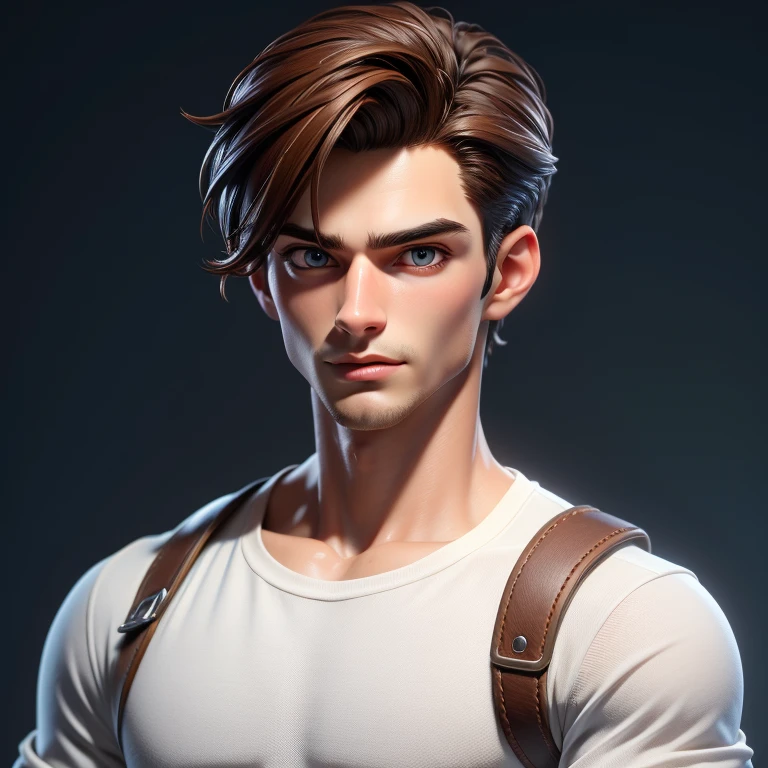 masterpiece, best quality,3d rending work ,3DMM style,close-up,portrait, 3D,male,20 year old, handsome, mature, perfect face, perfect eyes, sculpted jaw, brown hair, short hair, bare forehead, shining brown eyas, masculine, manly, cool, messy, rough, wearing white tshirt,upper body in frame, simple background,extremely detailed, one picture, ultra detailed,best quality,