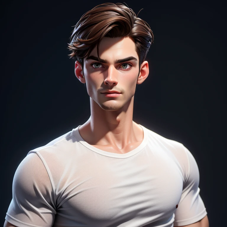 masterpiece, best quality,3d rending work ,3DMM style,close-up,portrait, 3D,male,20 year old, handsome, mature, perfect face, perfect eyes, sculpted jaw, brown hair, short hair, bare forehead, shining brown eyas, masculine, manly, cool, messy, rough, wearing white tshirt,upper body in frame, simple background,extremely detailed, one picture, ultra detailed,best quality,
