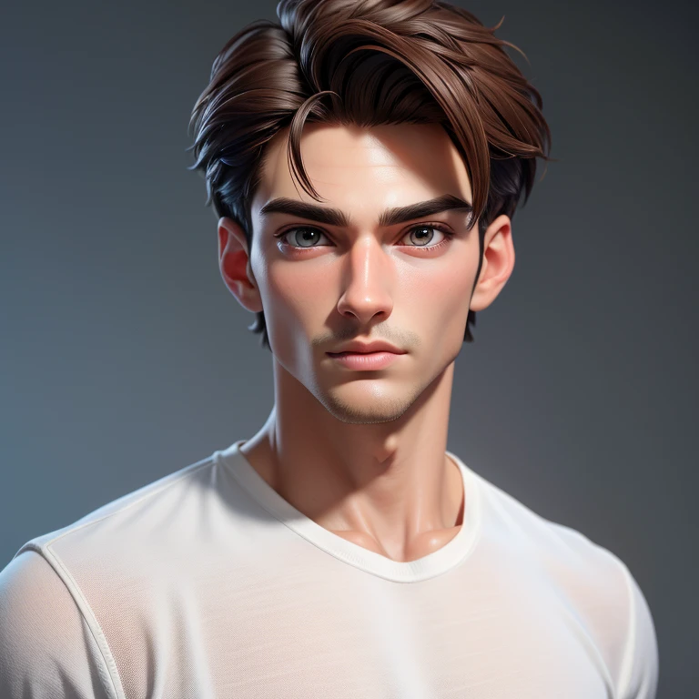 masterpiece, best quality,3d rending work ,3DMM style,close-up,portrait, 3D,male,20 year old, handsome, mature, perfect face, perfect eyes, sculpted jaw, brown hair, short hair, bare forehead, shining brown eyas, masculine, manly, cool, messy, rough, wearing white tshirt,upper body in frame, simple background,extremely detailed, one picture, ultra detailed,best quality,