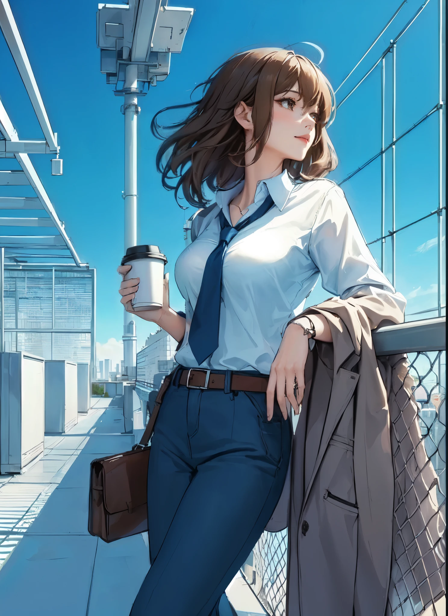 1lady standing, (leaning against wire mesh), (looking up at the sky), office worker outfit, mature female, /(light brown hair/) bangs, wind, (light smile:0.7), (looking off into the distance), (masterpiece best quality:1.2) delicate illustration ultra-detailed, large breasts BREAK (holding coffee cup in hand), (holding jacket) BREAK (rooftop of building), outdoors, railing, blue sky, rooftop facilities, cityscape, detailed background