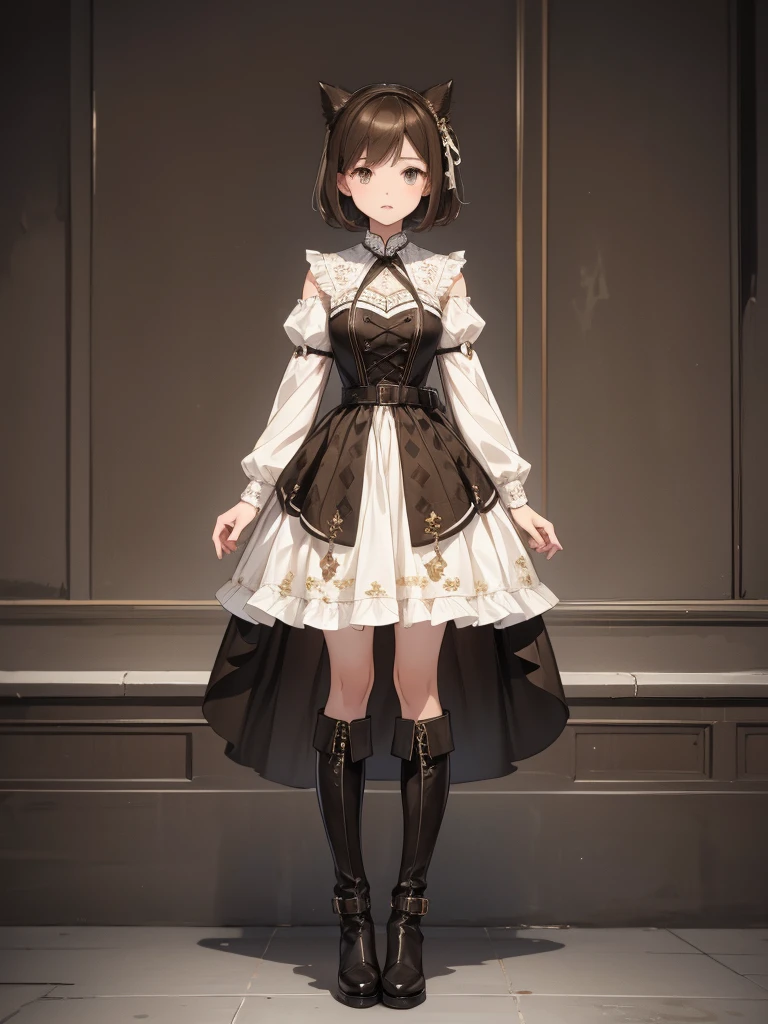 1girl、Standing in front of the viewer、Masterpiece、Official Art、high waist、Brown and dark brown houndstooth A-line dress、Sharp piping at transitions and edges、Super detailed、super beautiful、white straight short hair、Knee-high boots、