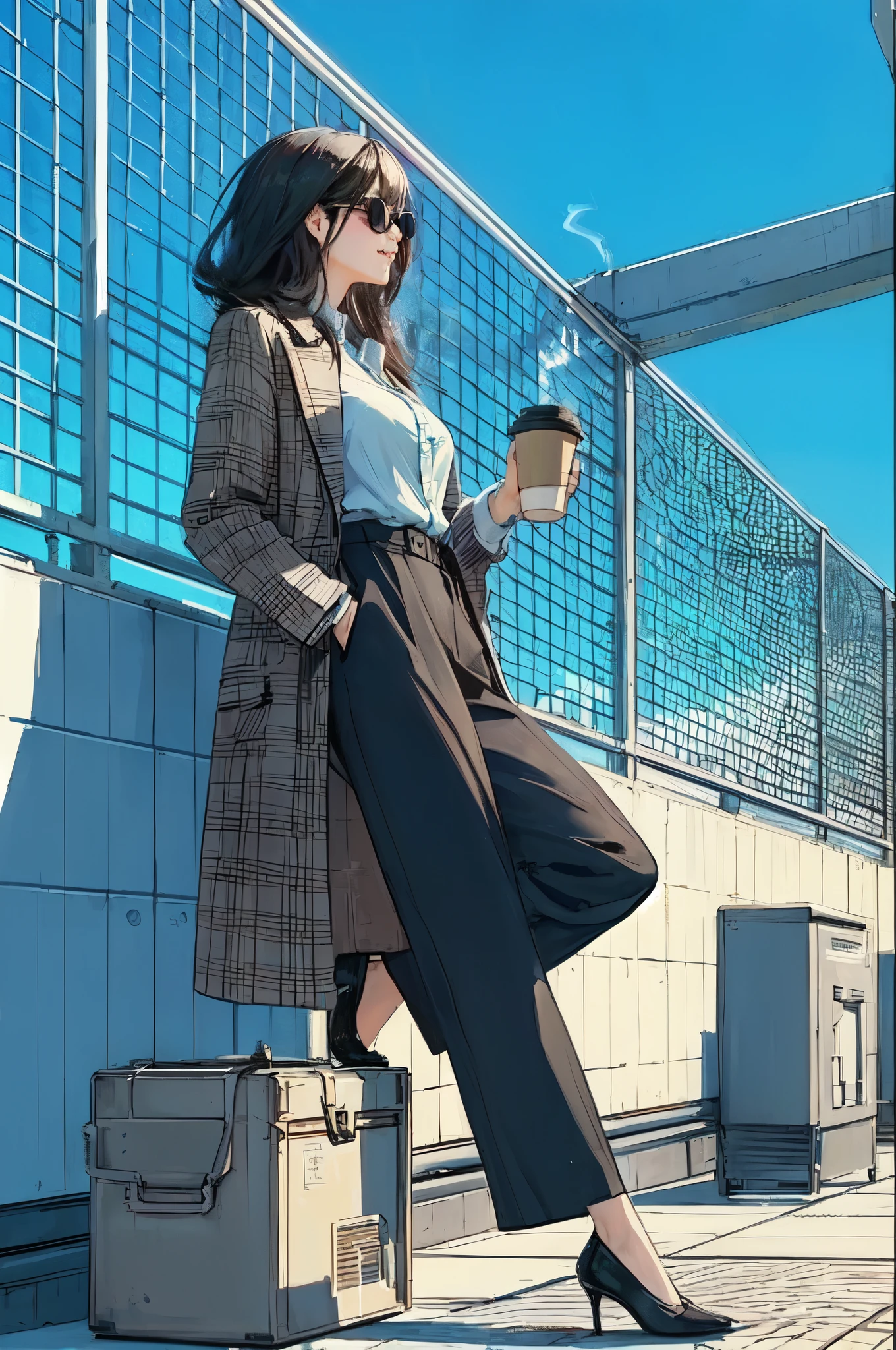 1lady standing, (leaning against wire mesh), (looking up at the sky), office worker outfit, mature female, /(black hair/) bangs, (light smile:0.7), (looking off into the distance), (masterpiece best quality:1.2) delicate illustration ultra-detailed, large breasts, (sunglasses:1.2) BREAK (holding coffee cup in hand) BREAK (rooftop of building), outdoors, railing, blue sky, rooftop facilities, cityscape, detailed background