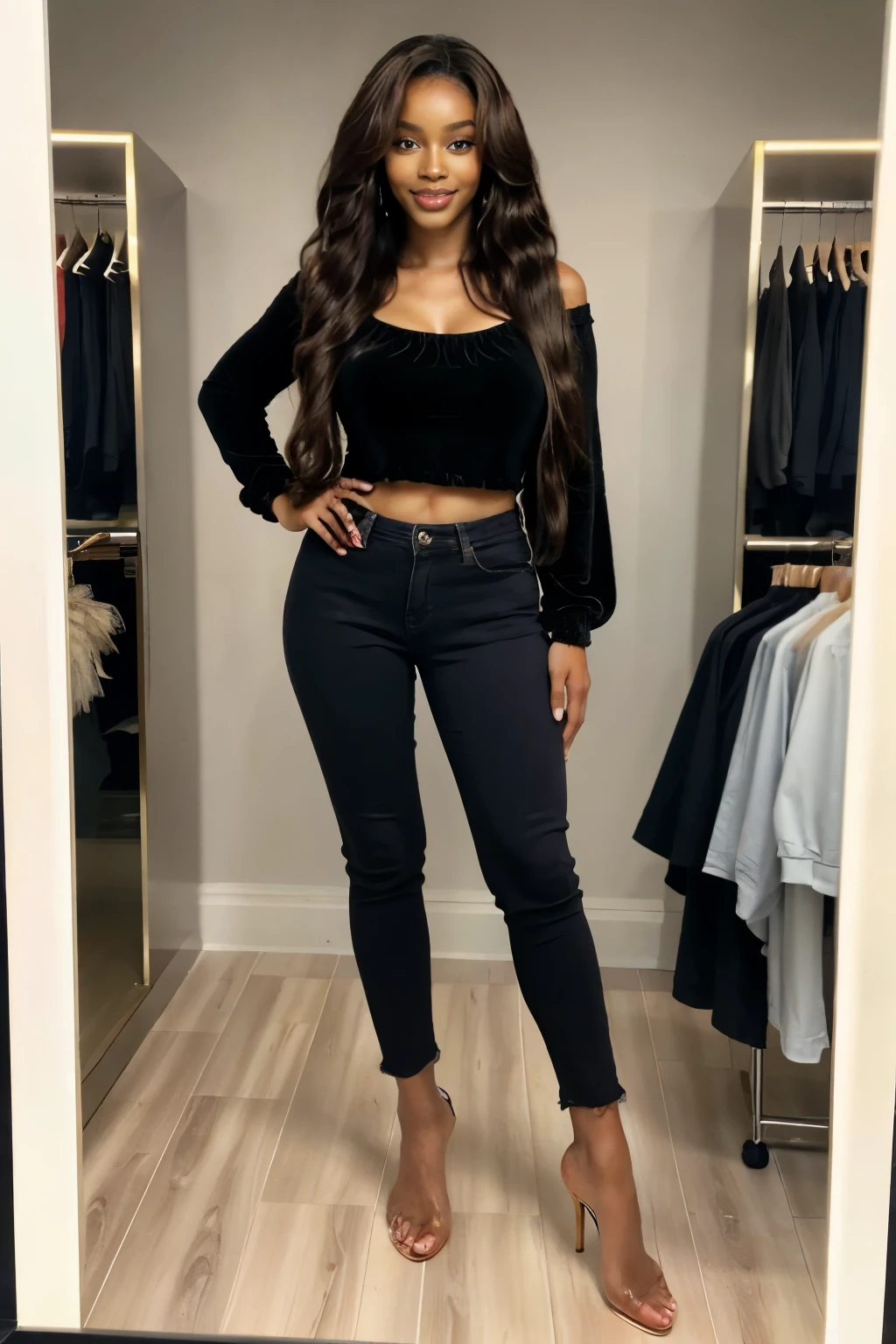 (clothes modeling photo), (African American), shy smile, long curly hair, black hair, POV, perfect lips, soft front light, glow, sexy pose, in a store's changing room, (full body), melanin, slim, thin, skinny,