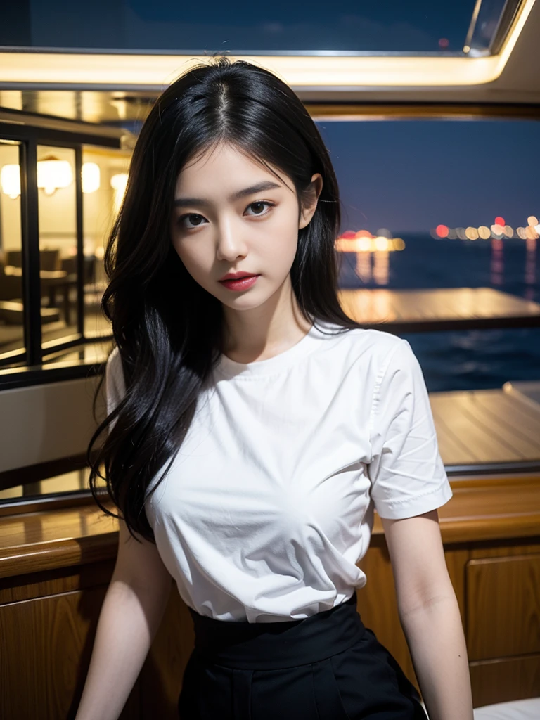 (Original photo of 8K,best qualtiy,tmasterpiece:1.2),(Medium view),the night,Night on a yacht,Sea and night view in the background,best qualtiy,tmasterpiece,(Small mouth:1.2),short- sleeved,short- sleeved,short- sleeved,short- sleeved,an extremely delicate and beautiful one,,astounding,finely detailled,tmasterpiece,Best quality at best,(age 22:1.2),Narrow waist,Slim,is shy,Pure,adolable,Bushy hair,Soft hair,big breasts beautiful,A detailed eye,(long whitr hair:1.2)