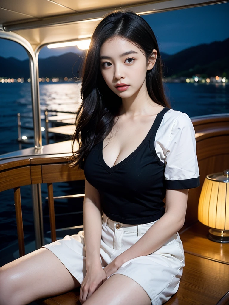 (Original photo of 8K,best qualtiy,tmasterpiece:1.2),(Medium view),the night,Night on a yacht,Sea and night view in the background,best qualtiy,tmasterpiece,(Small mouth:1.2),short- sleeved,short- sleeved,short- sleeved,short- sleeved,an extremely delicate and beautiful one,,astounding,finely detailled,tmasterpiece,Best quality at best,(age 22:1.2),Narrow waist,Slim,is shy,Pure,adolable,Bushy hair,Soft hair,big breasts beautiful,A detailed eye,(long whitr hair:1.2)