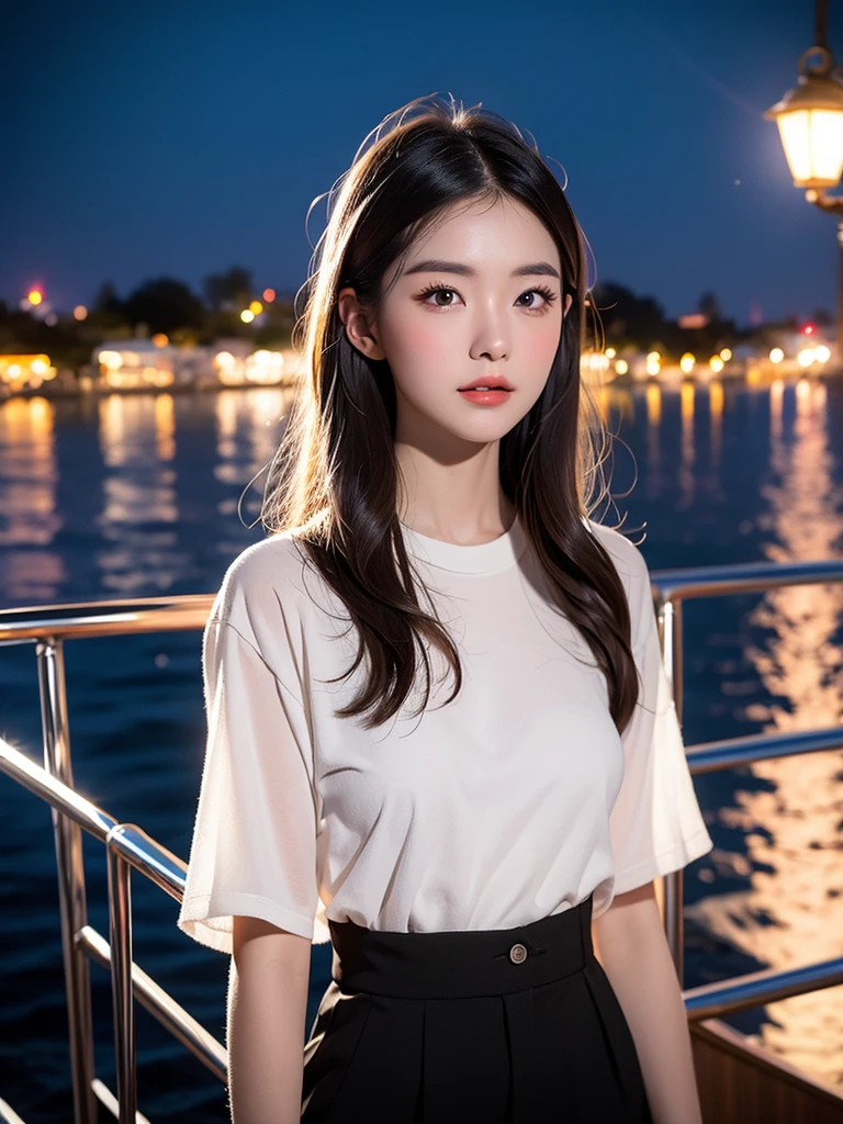 （Original photo of 8K，best qualtiy，tmasterpiece：1.2），（Medium view），the night，Night on a yacht，Sea and night view in the background，best qualtiy，tmasterpiece，（Small mouth：1.2），short- sleeved，short- sleeved，short- sleeved，short- sleeved，an extremely delicate and beautiful one，，astounding，finely detailled，tmasterpiece，Best quality at best，（age 22：1.2），Narrow waist，Slim，is shy，Pure，adolable，Bushy hair，Soft hair，big breasts beautiful，A detailed eye，（long whitr hair：1.2）