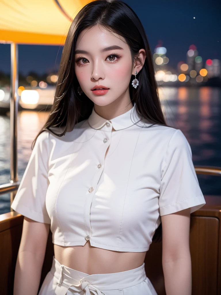 （Original photo of 8K，best qualtiy，tmasterpiece：1.2），（Medium view），the night，Night on a yacht，Sea and night view in the background，best qualtiy，tmasterpiece，（Small mouth：1.2），short- sleeved，short- sleeved，short- sleeved，short- sleeved，an extremely delicate and beautiful one，，astounding，finely detailled，tmasterpiece，Best quality at best，（age 22：1.2），Narrow waist，Slim，is shy，Pure，adolable，Bushy hair，Soft hair，big breasts beautiful，A detailed eye，（long whitr hair：1.2）