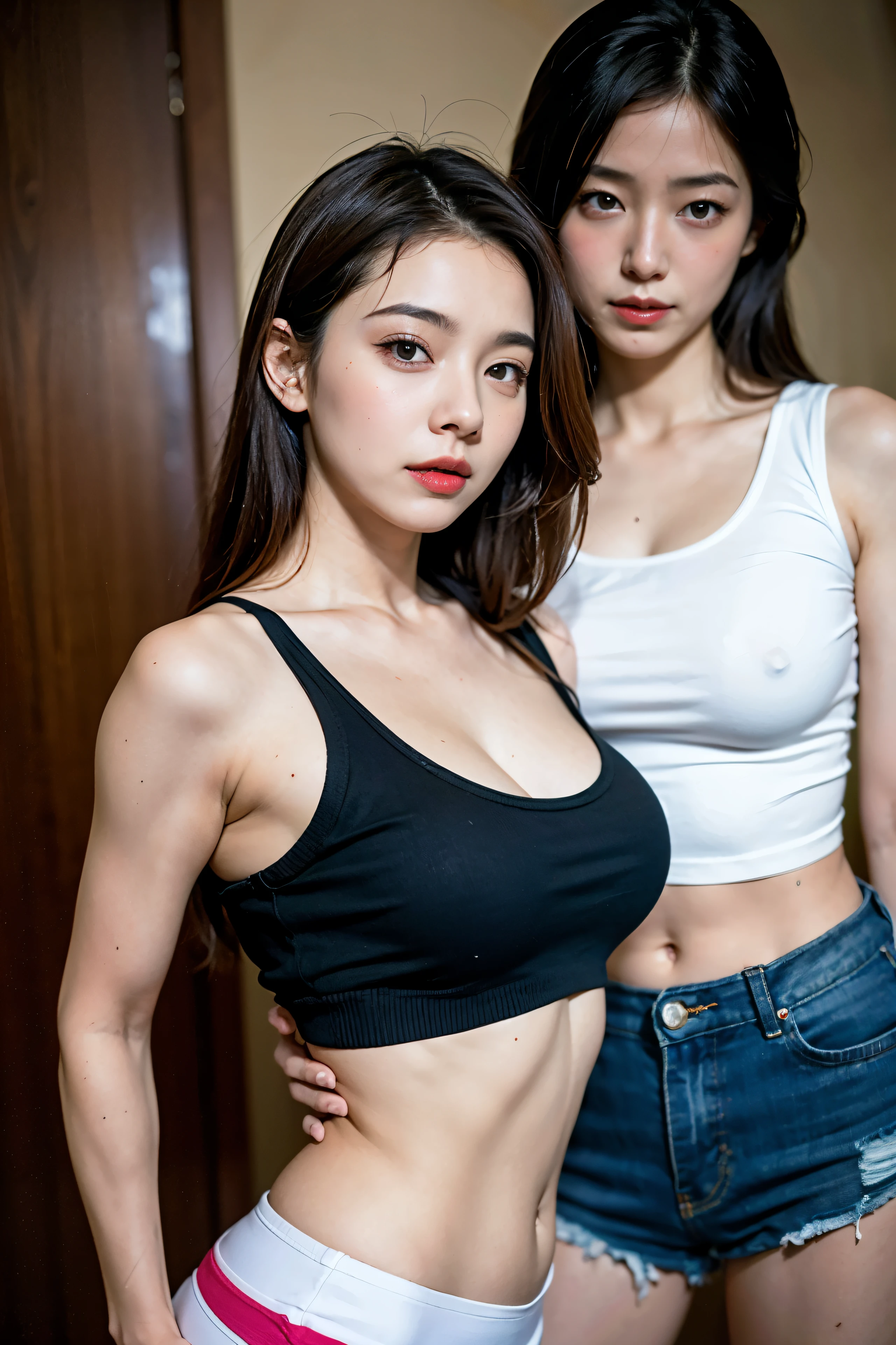 ((mejor calidad)), ((Obra maestra)), (detallado), tres chicas con ropa madura crop top sexy mamada humantaur