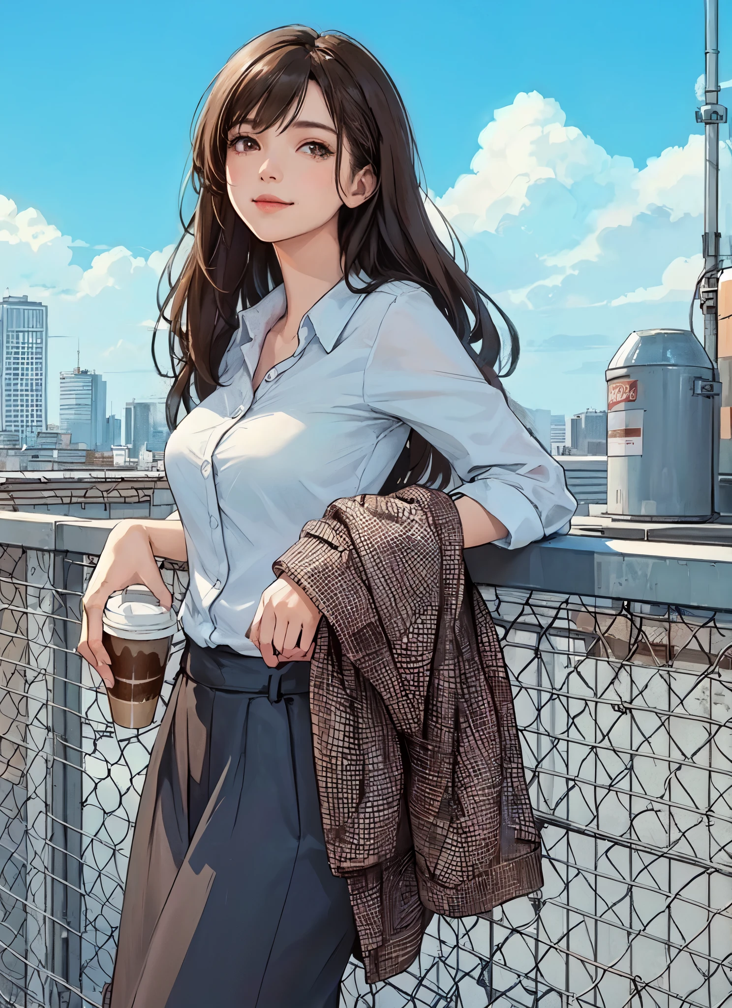 1lady standing, (leaning against wire mesh), (looking up at the sky), office worker outfit, mature female, /(dark brown hair/) bangs, light smile, (looking off into the distance), (closed mouth), (masterpiece best quality:1.2) delicate illustration ultra-detailed, large breasts BREAK (holding coffee cup in hand), (holding jacket) BREAK (rooftop of building), outdoors, railing, blue sky, rooftop facilities, cityscape, detailed background