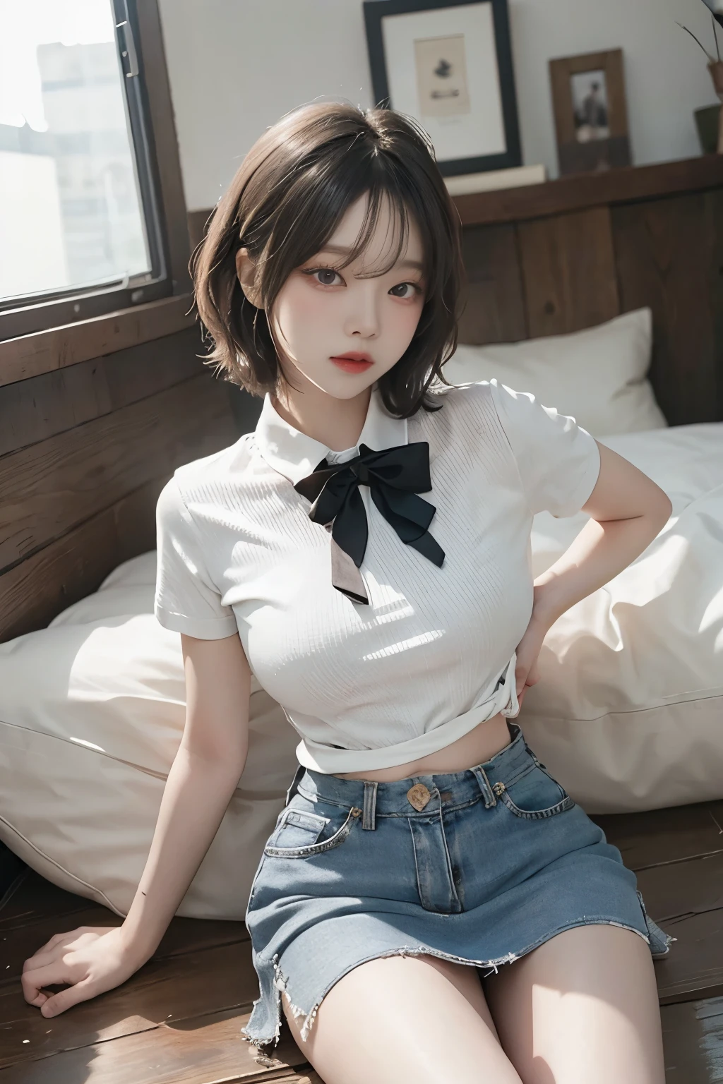 Highest quality、Live Shooting、Ultra-high resolution、18-year-old female、Shooting with just one person、Gravure photo shoot、Big round breasts、No sleeve、shirt、mini skirt、wear a skirt、A beautiful eye for detail、Very long narrow eyes、Beautiful eyelashes、Beautiful double eyelids、Very thin legs、Beautiful legs like a model、short hair、Very slim build、The look of temptation、lying on one's back