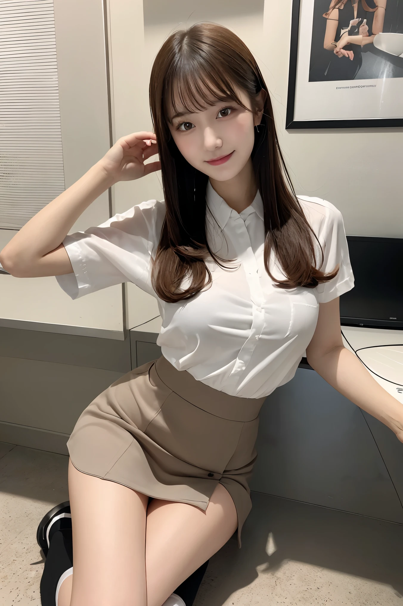 top-quality、hight resolution、ultra-detailliert、masterpiece、Raw photography、realisitic、Photorealsitic、extremely delicate and beautiful、finely detail、Textured skin、full-shot、(in office)、1 woman、japanese、22year old、(((office lady)))(wearing office lady uniform)、upskirt and Showing white panties,detailed panties,detailed frilled panties showing,sitting on the desk and spreading her legs,navy taste colored suits、tall、Brown hair、wavy hair,short hair,Wearing makeup、(Bare legs:1.5)、perfectly proportions,focus her panties
