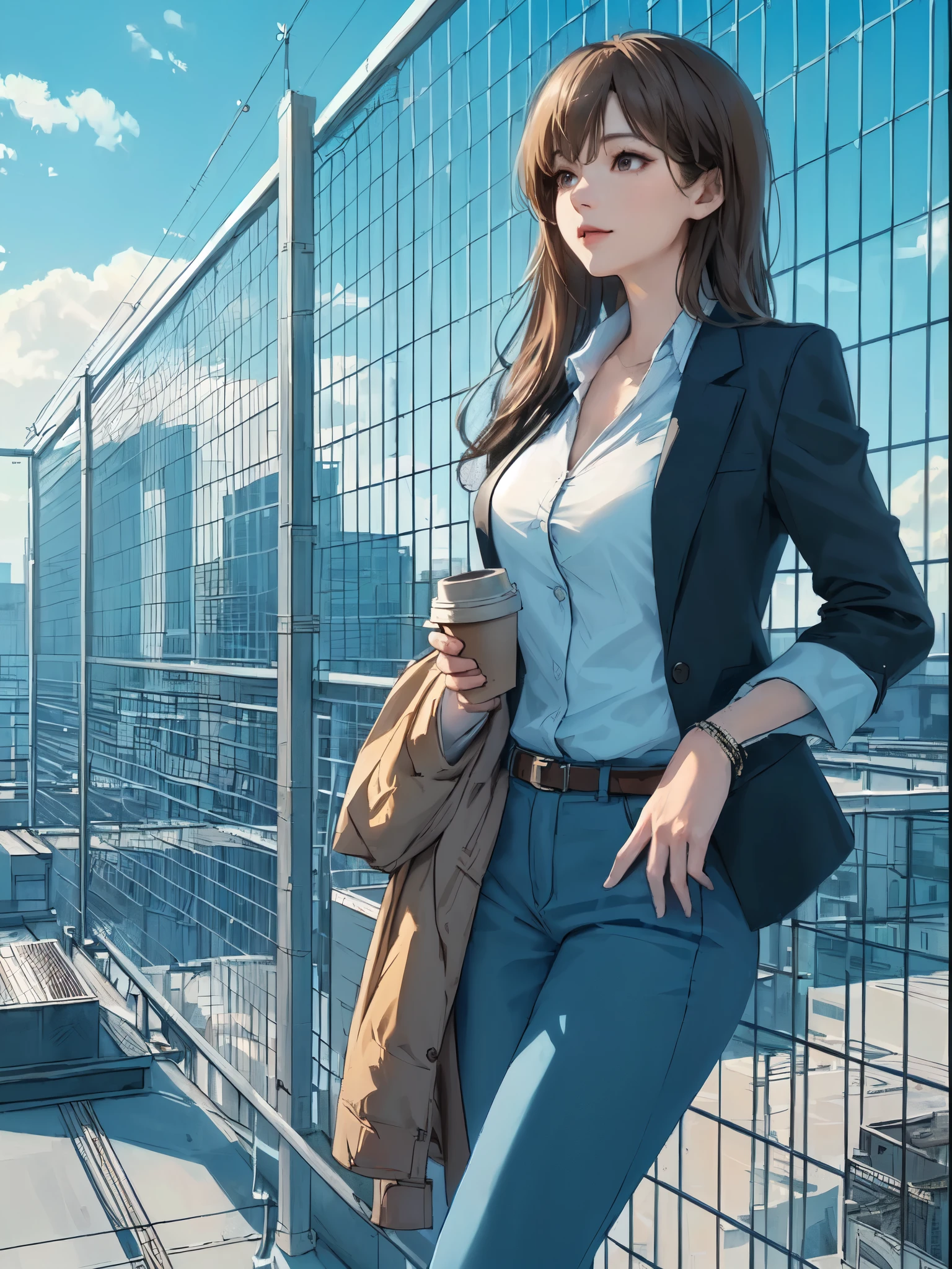 1lady standing, (leaning against wire mesh), office worker outfit, mature female, /(light brown hair/) bangs, (light smile:0.7), (looking off into the distance), (masterpiece best quality:1.2) delicate illustration ultra-detailed, large breasts BREAK (holding coffee cup in hand), (holding jacket) BREAK (rooftop of building), outdoors, railing, blue sky, rooftop facilities, cityscape, detailed background