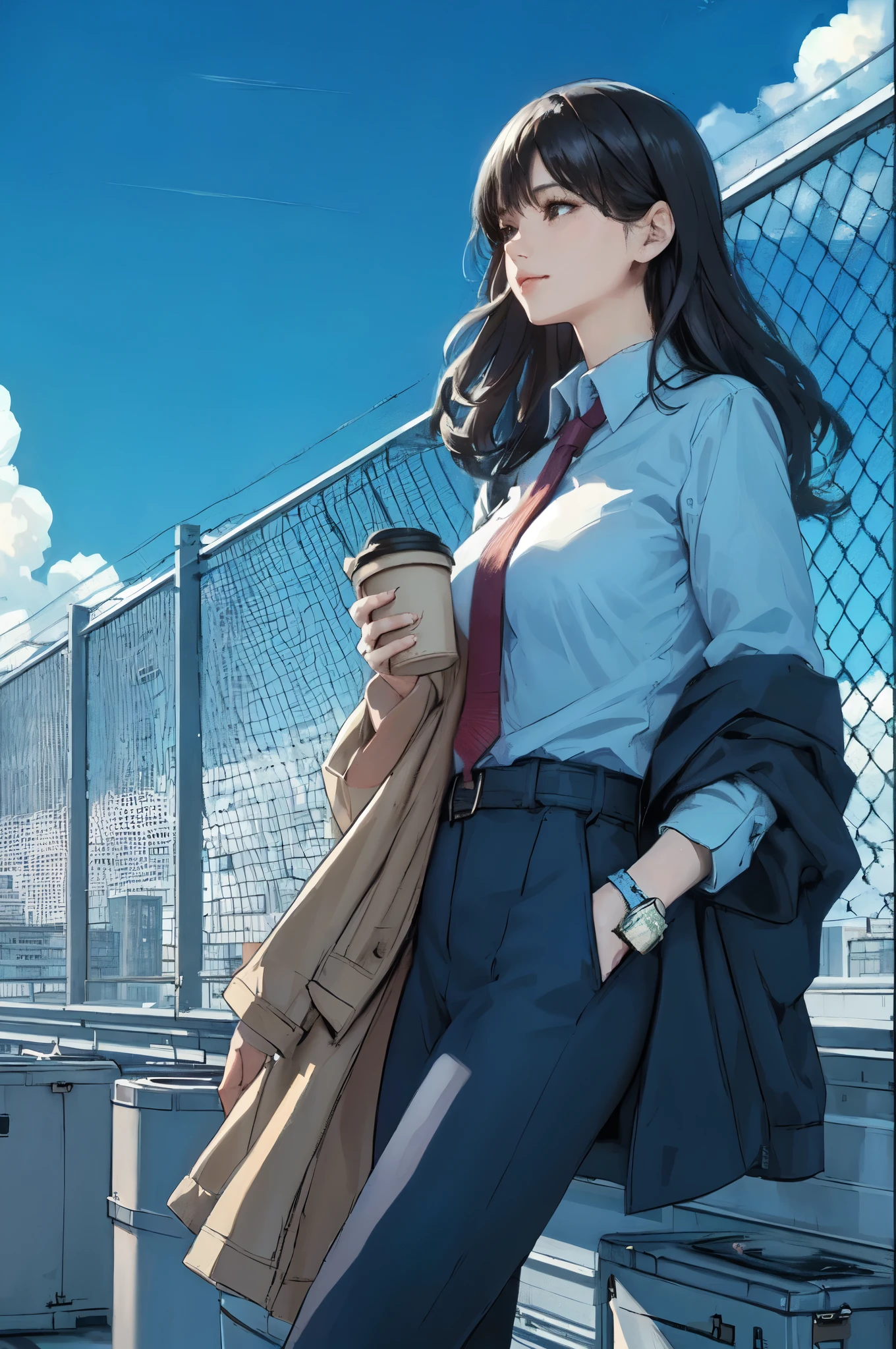 1lady standing, (leaning against wire mesh), office worker outfit, mature female, /(black hair/) bangs, (light smile:0.7), (looking off into the distance), (masterpiece best quality:1.2) delicate illustration ultra-detailed, large breasts BREAK (holding coffee cup in hand), (holding jacket) BREAK (rooftop of building), outdoors, railing, blue sky, rooftop facilities, cityscape, detailed background