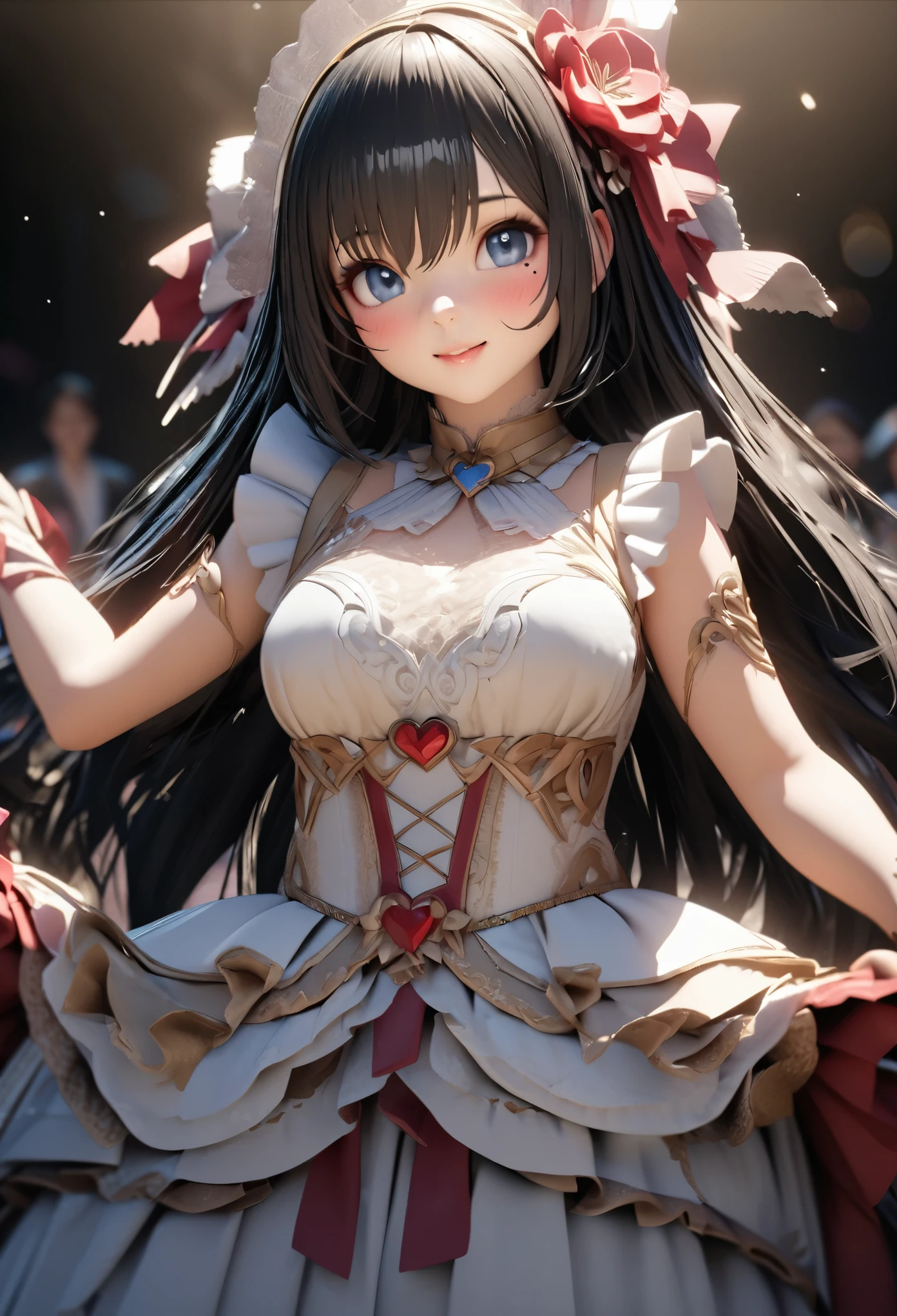 One Girl、Looking at the audience、
Beautiful Blue Eyes、Long black hair、Mole under the eye、Plump and glossy lips、Heart-shaped choca、Idol、smile、ー、。.。.。.。.。.。.。.。.。.。.。.。.。.。.。.。.。.。.3D、Realistic、
Princess dress with too many frills、Drape clothes、gem、The decoration has been removed、Floral、Lace trim、bright stage、
masterpiece、highest quality、8k、Detailed skin texture、Detailed cloth texture、Beautifully detailed face、Intricate details、Very detailed、
超A high resolution、8K Ultra HD、Film Grain、Best Shadow、delicate、Staring at the audience、front