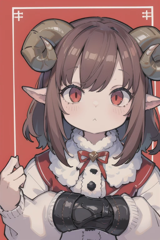 ((Portraiture):1.5),((9--old l /Sheep with horns):1.5), Big Hips,((Brown curly hair):1.2),(Wearing a white dress:1.4),(Black shoes:1.5) ((Red eyes):1.3), Looking at the audience,((Single Background):1.5),4K,Cute face