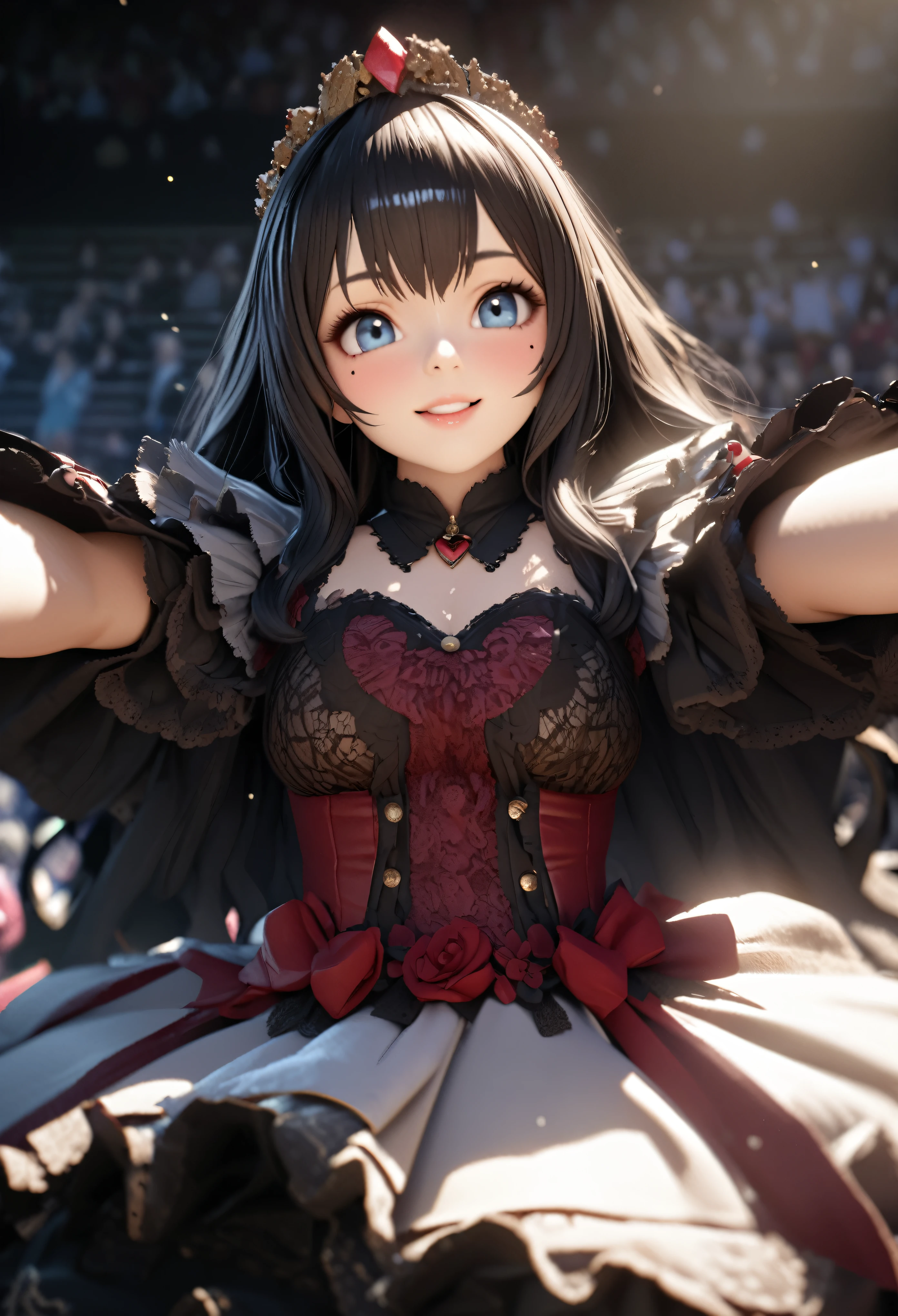 One Girl、Looking at the audience、
Beautiful Blue Eyes、Long black hair、Mole under the eye、Plump and glossy lips、Heart-shaped choca、Idol、smile、ー、。.。.。.。.。.。.。.。.。.。.。.。.。.。.。.。.。.。.3D、Realistic、
Princess dress with too many frills、Drape clothes、gem、The decoration has been removed、Floral、Lace trim、bright stage、
masterpiece、highest quality、8k、Detailed skin texture、Detailed cloth texture、Beautifully detailed face、Intricate details、Very detailed、
超A high resolution、8K Ultra HD、Film Grain、Best Shadow、delicate、Gazing at the audience、front