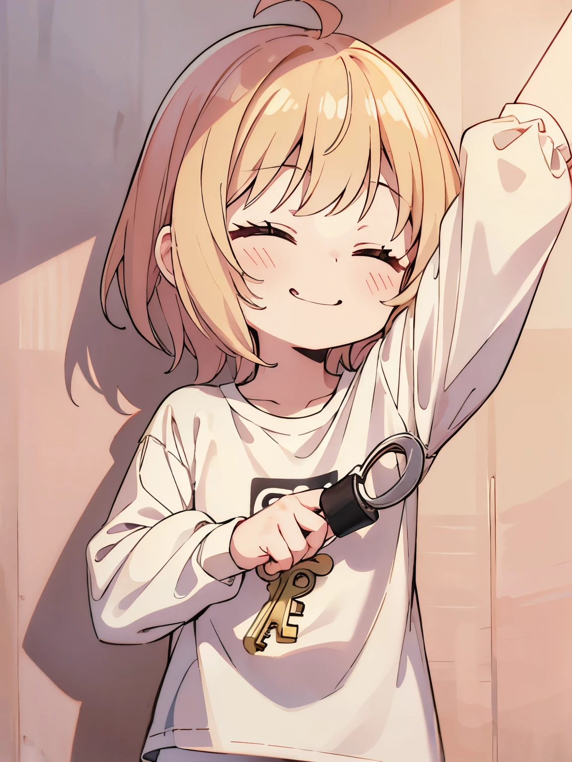 1girl,6 ,blonde hair,Happy expression, holding the key,blonde hair,short hair, closed eyes,Long sleeve t-shirt, white t-shirt, white trousers,very cute, very short hair, side bangs,ultra detail, ultra HD