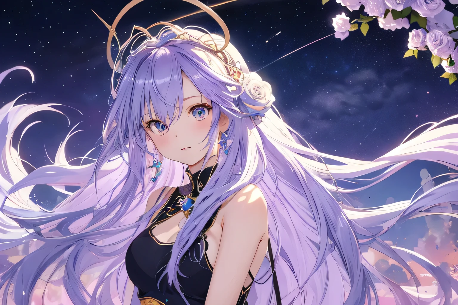 Light purple hair，Long Hair，Eye color is light blue，high quality，one piece，Headdress，Black Rose on the chest，Blue moon in the background，Starry Sky，Rose，18-year-old