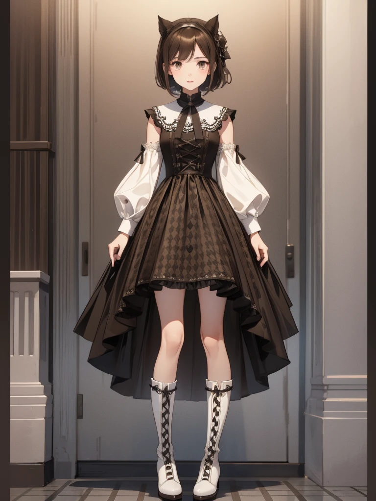 1girl、Standing in front of the viewer、Masterpiece、Official Art、high waist、Brown and dark brown houndstooth A-line dress、Sharp piping at transitions and edges、Super detailed、super beautiful、white straight short hair、Knee-high boots、