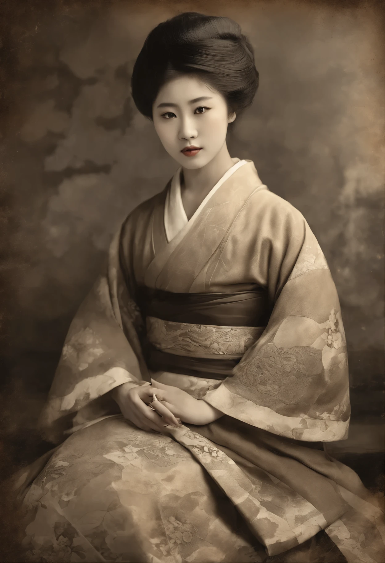 'A vintage sepia-toned photograph of a young Japanese woman from the late 19th and early 20th century, set amongst weathered decorative borders. Her expression is thoughtful and calm, with a gentle smile. Her hair is elegantly tied in a traditional style and she wears an intricately patterned kimono. The photograph captures the essence of nostalgia and offers a glimpse of a bygone era. The clothes and the old appearance of the photograph emphasise the historical significance and personal connection to the past, enhancing the overall antique atmosphere. The effect is to add a dust-and-scratch radius of 9px and noise of 16%.


