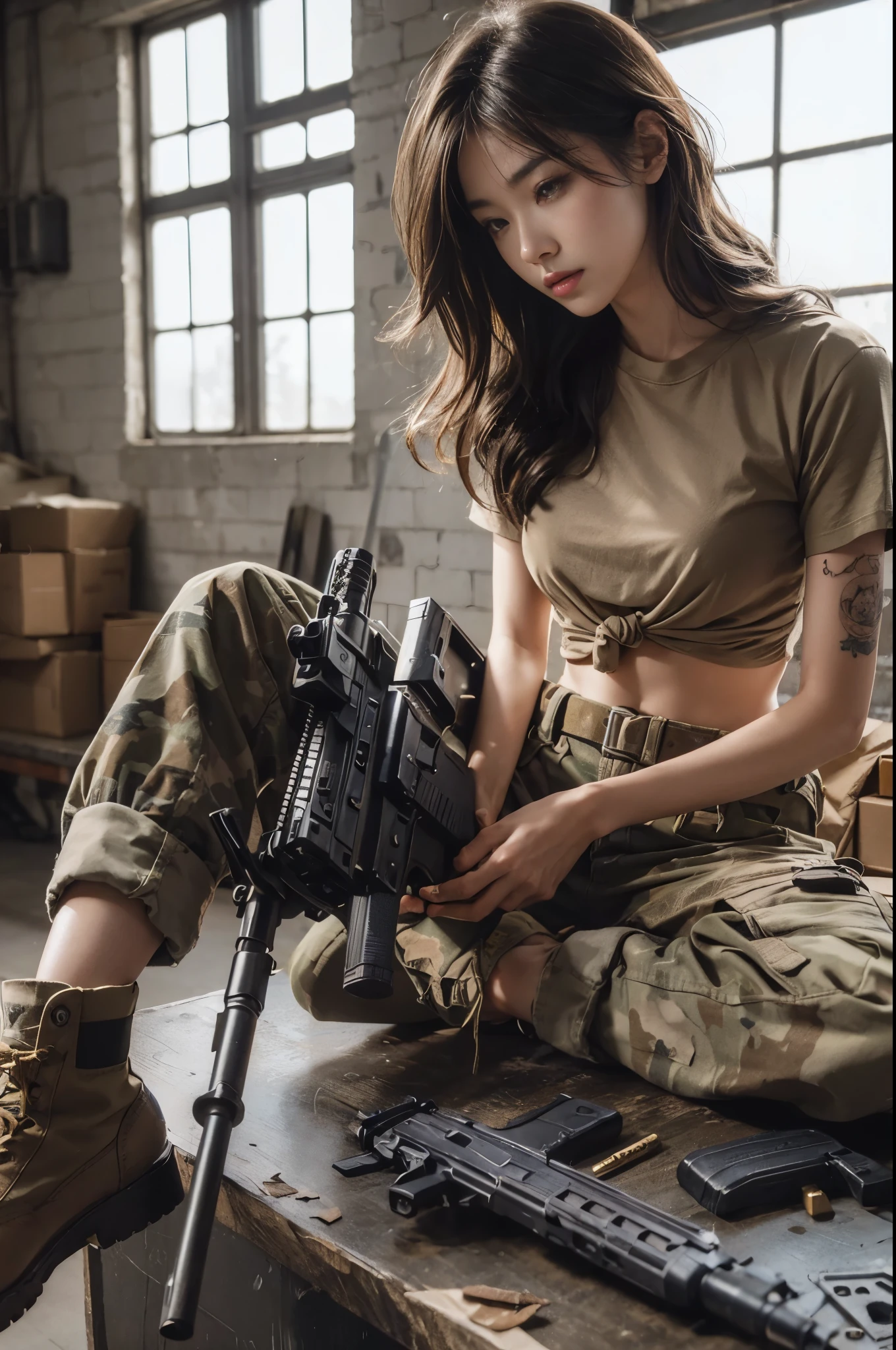 8K, realistic photo, realistic skin texture, beautiful Japanese American female US Army soldier, simple warehouse, sitting on a simple chair and maintaining an automatic rifle, maintenance, Automatic rifles do not have magazines installed.Automatic rifle parts on the table、military pants, boots, tattoos, T-shirt, toned body