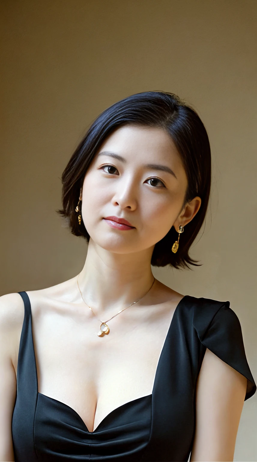 (Masterpiece:1.5)、32k、(35 year old Japanese woman:1.5)、Cool face、short hair、Seven-quarter、(A sexy black dress that shows off her cleavage:1.6)、upper body、(Face straight ahead:1.6)、Earrings、necklace、Delicate body、Delicate face、(Very delicate eyes:1.4)、Realistic skin texture、Photorealistic:1.3、Delicate background、Delicate skin、Natural color lip、gloss々Lips、Simple Background