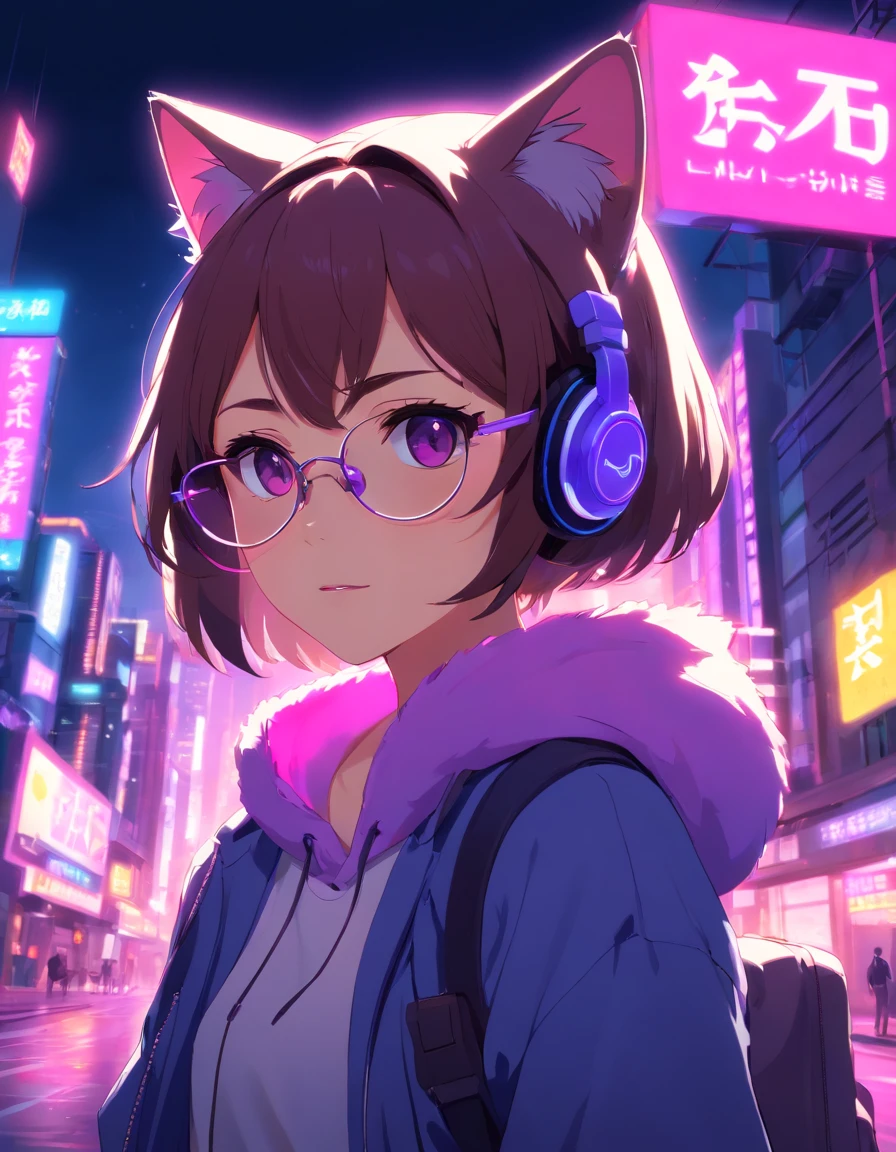 Gel lighting illuminated by pink and purple neon lights on a dark background, with an anthropomorphic cat wearing a hood, sunglasses and headphones as the main subject.”