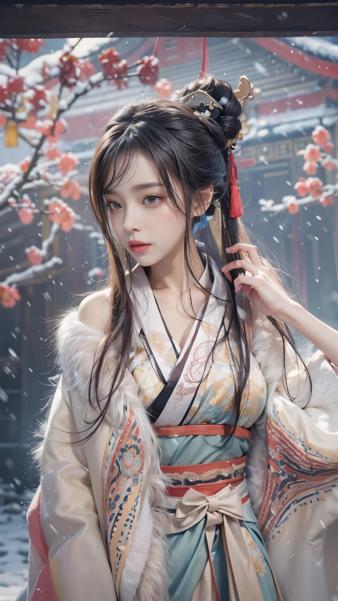 best quality， masterpiece，8k，（Realistically：1.4），Ultra-high resolution，1 girl，Ultra-realistic skin， Ultra Detailed， Surreal， Highly detailed CG illustrations， official art， Movie Lighting， Practical， Young beautiful girl，Perfect body， Full view，enjoy expression，（Start from below：1.3）， (Sexy pose， Sexy thighs)， confidence， Beautiful and sexy， ((Gorgeous Chinese Hanfu))，cropped shoulder，S-Shape Pose， blush， Chapped lips， View Viewer ， half body shot ， (fur-edged cloak:1.2) ，(Chinese pavilions)，It snowed heavily，The ground is covered with snow，