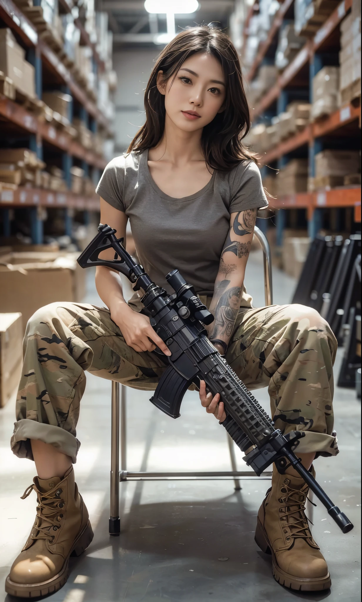 8K, realistic photo, realistic skin texture, beautiful Japanese American female US Army soldier, simple warehouse, sitting on a simple chair and maintaining an automatic rifle, maintenance, Automatic rifles do not have magazines installed.Automatic rifle parts on the table、military pants, boots, tattoos, T-shirt, toned body