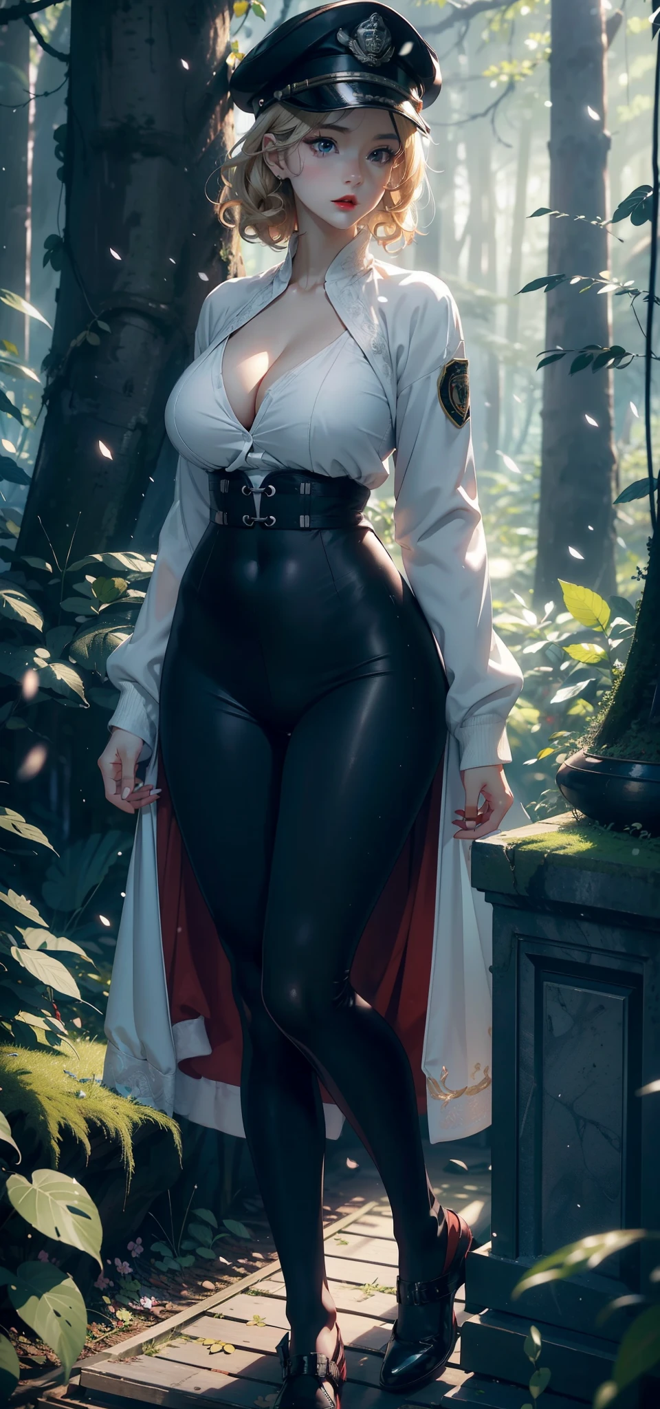 1 female,35 years old,Slim,Very large ,Big breasts and thin waist,Long legs, Solitary,(background:,Cherry blossom forest,Rainforest)standing in the forest, She has short blonde hair,Front view, curls,Cloudy sky,(((masterpiece),(Very detailed CG unified 8K wallpaper),best quality,Light,详细background,Beautiful and delicate eyes,Smart pupils,black eyes,Snow-white skin,Red lips(Very delicate and beautiful),(Beautiful and detailed description of the eyes),Ultra Detailed,masterpiece,))Facing the camera,high resolution,Ultra Detailed),nude,officer,No underwear,Black leggings,Green Bomber Jacket,Military cap