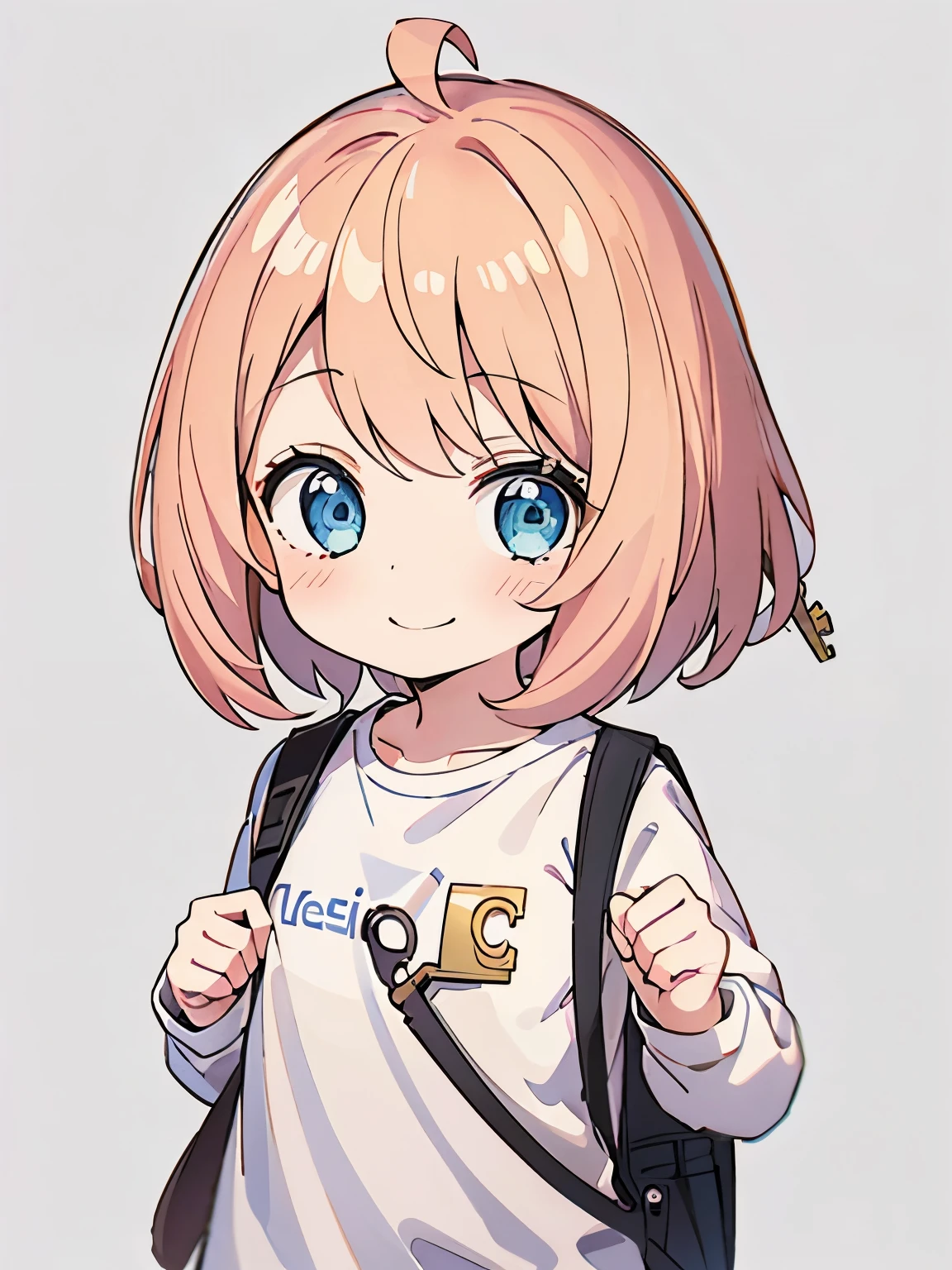 1girl,6 years old,blonde hair,Happy expression, holding the key,Carrying a backpack,blonde hair,short hair, blue eyes,Long sleeve t-shirt, white t-shirt, white trousers,very cute, very short hair, side bangs,ultra detail, ultra HD