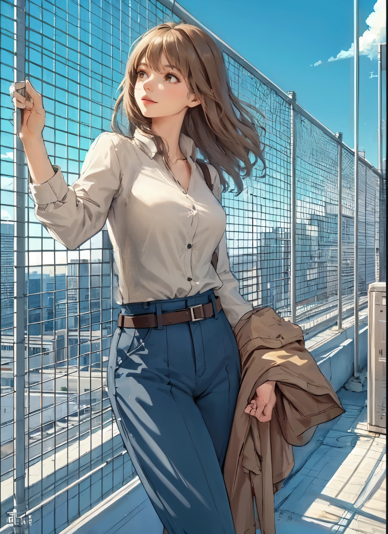 1lady standing, (leaning against wire mesh), (looking up at the sky), office worker outfit, mature female, /(beige brown hair/) bangs, (light smile:0.7), (looking off into the distance), (masterpiece best quality:1.2) delicate illustration ultra-detailed, large breasts BREAK (holding jacket) BREAK (rooftop of building), outdoors, railing, blue sky, rooftop facilities, cityscape, detailed background