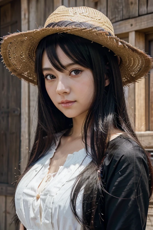 Anime girl with long black hair in straw hat, anime style 4k, Beautiful anime portrait, anime Mo artstyle, anime art wallpaper 4k, anime art wallpaper 4k, high quality anime style, anime style portrait, Gouvez, artwork in the style of Gouvez, detailed digital anime art, anime art wallpaper 8k, cute anime girl portraits