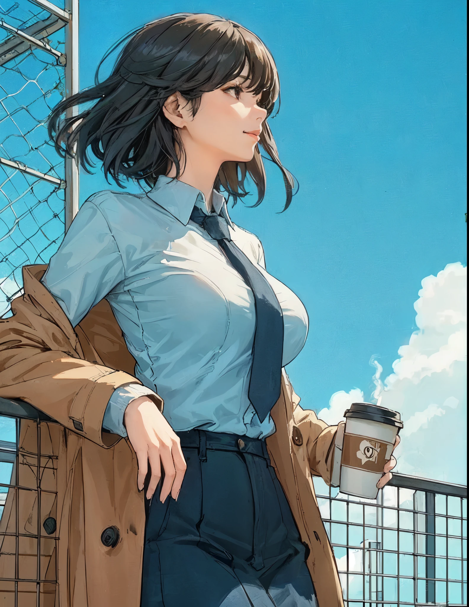 1lady standing, (leaning against wire mesh), (looking up at the sky), office worker outfit, mature female, /(black hair/) bangs, (light smile:0.8), (looking off into the distance), (masterpiece best quality:1.2) delicate illustration ultra-detailed, large breasts BREAK (holding coffee cup in hand), (holding jacket) BREAK (rooftop of building), outdoors, railing, blue sky, rooftop facilities, cityscape, detailed background