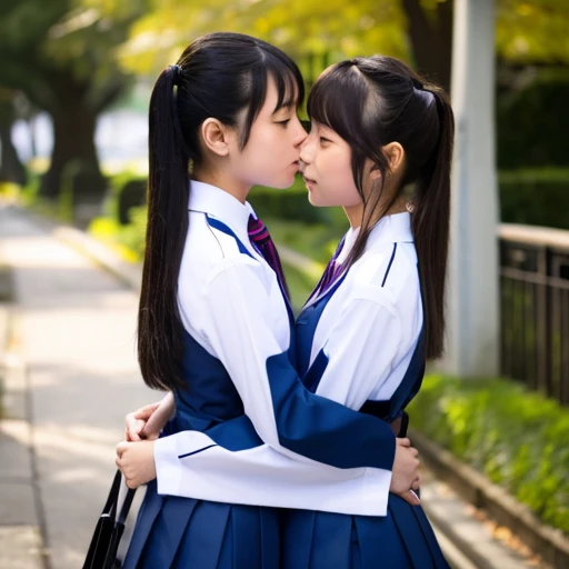 Two Japanese elementary school girls in revealing clothes kissing