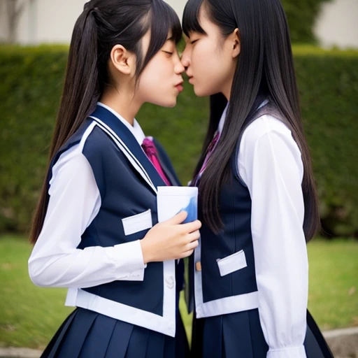 Two Japanese teenage girls in revealing uniforms kissing
