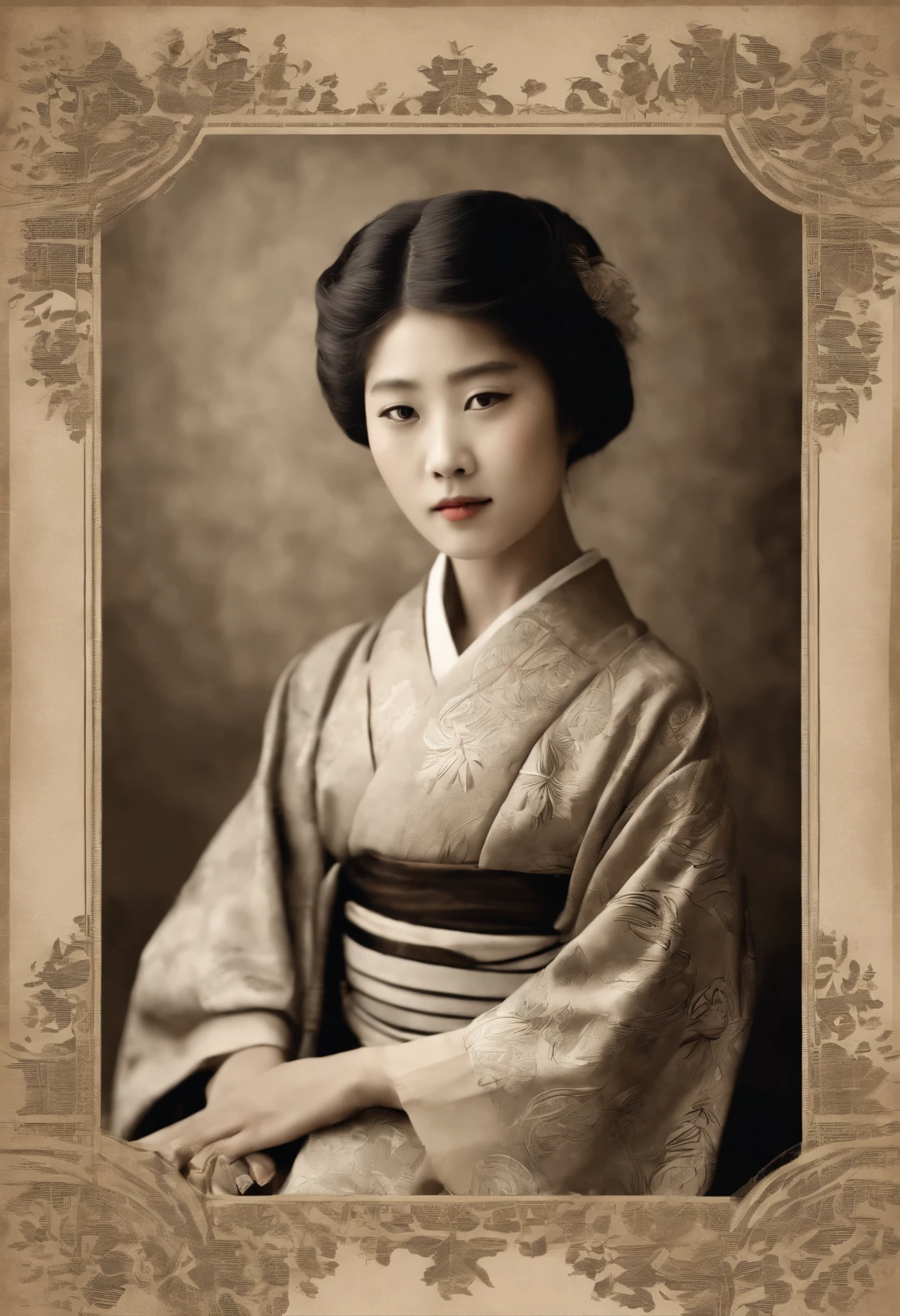 'A vintage sepia-toned photograph of a young Japanese woman from the late 19th and early 20th century, set amongst weathered decorative borders. Her expression is thoughtful and calm, with a gentle smile. Her hair is elegantly tied in a traditional style and she wears an intricately patterned kimono. The photograph captures the essence of nostalgia and offers a glimpse of a bygone era. The clothes and the old appearance of the photograph emphasise the historical significance and personal connection to the past, enhancing the overall antique atmosphere. The effect is to add a dust-and-scratch radius of 9px and noise of 16%.