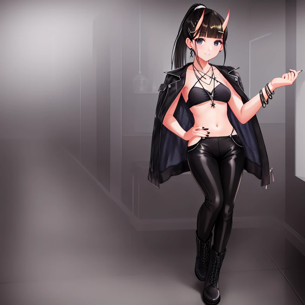 1girl, city,BREAK zozo-nosiro,oni horns,black hair,black eyes, long hair, ponytail, black bikini,black jacket, boots, bracelet,black enamel pants,pendant, BREAK smile,sitting, BREAK, (dark light:1.2),(hyper extreme detailed),(masterpeace:0.5),(hyper extreme),(photorealistic),game cg,llustration,novel illustration,beautiful lighting,light from the front,