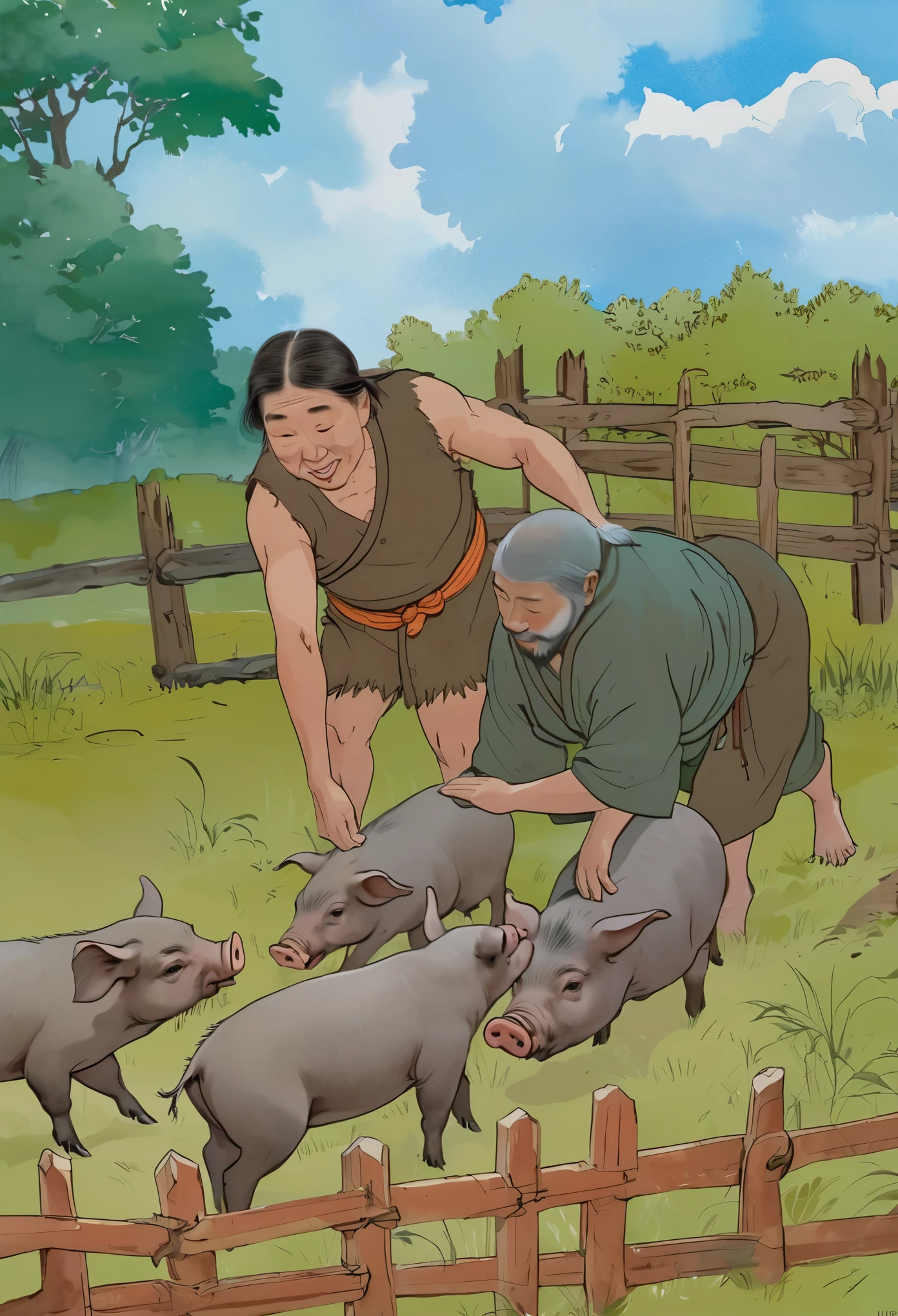 Neanderthals petting some native pigs in the grass prehistoric hell，Animal skin clothing，animal husbandry，Prehistoric domesticated animals，grassland，Fence，Pig farm fence，Wooden fence，forest，Sky background，forest，arbor，vegetation，Detailed Land，Gray pig， Pigs, 全彩illustration, illustration, man bear 猪, , 高清illustration, author：Randolph Caldecott, (Watercolor, masterpiece, Line Art, Illustration Art, Professional line art, Super complex and detailed, Chinese painting，8K:1.3)